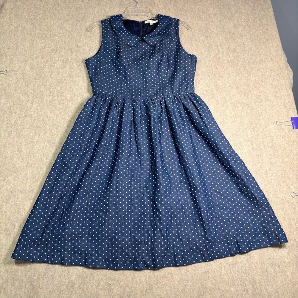 Comme Toi Polka Dot Dress Wmn M Blue Cotton Blend Peter Pan Collar Retro Pockets